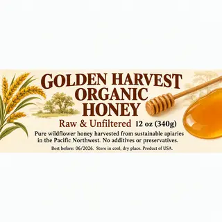 A product label for 'GOLDEN HARVEST ORGANIC HONEY' with subt