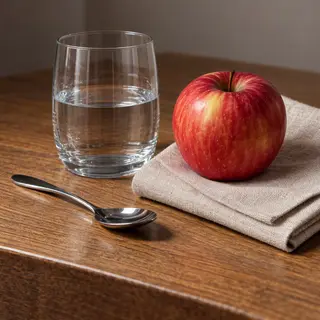 A still life on a wooden table featuring a clear glass of wa