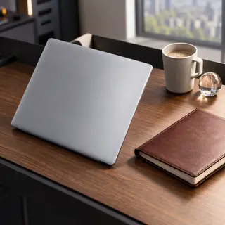 A workspace desk with a brushed aluminum laptop, a leather-b