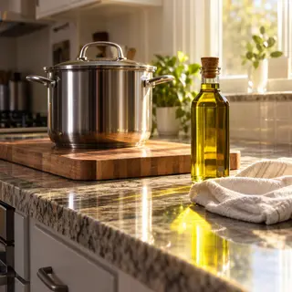 A kitchen counter with a stainless steel pot, a wooden cutti