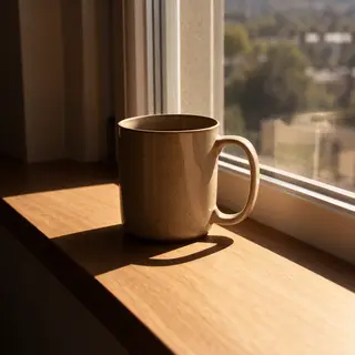 A coffee mug on a sunny windowsill casting a sharp shadow to