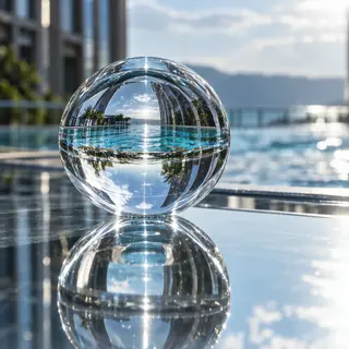 A clear glass sphere sitting on a mirror surface near a pool