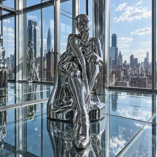 A chrome sculpture in a room with a glass floor and large wi
