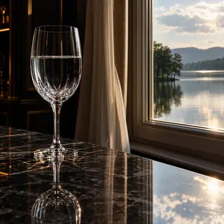 A crystal wine glass on a polished marble counter next to a 