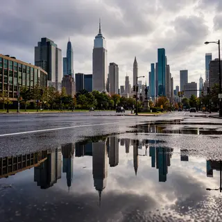 A city skyline reflected in a rain puddle on a street, with 