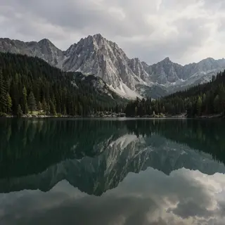 A mountain range reflected in a still alpine lake, with the 