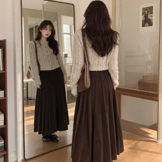 A woman standing in front of a full-length mirror, her refle