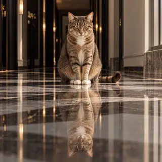 A cat sitting on a polished marble floor with its reflection