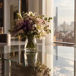 A vase of flowers on a glass table with a clear reflection v