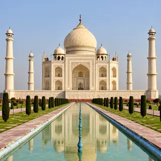 The Taj Mahal in Agra seen from the reflecting pool, with ac