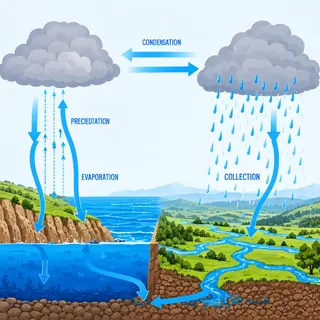 A detailed diagram of the water cycle showing evaporation fr