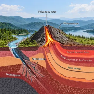 A cross-section showing tectonic plates at a convergent boun