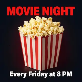 A movie night poster with a large popcorn image in the cente
