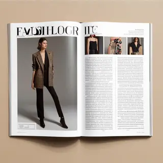A fashion magazine spread with a full-bleed left-page photo,