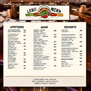 A restaurant menu layout with a logo header, three category 