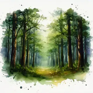 A forest rendered in photorealistic watercolor — the detail 