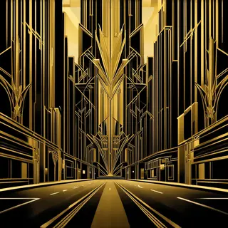 A city street scene in the style of Art Deco — geometric sha