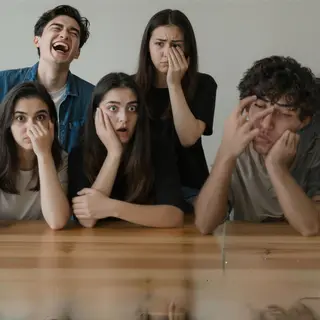 A group of three friends at a table: one laughing with head 