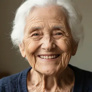 An elderly woman in her 80s with deep wrinkles and white hai
