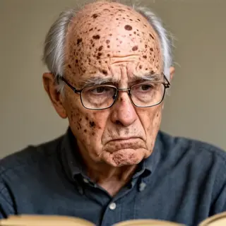 An elderly man in his 70s with age spots and thinning gray h