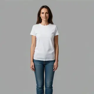 A woman standing upright in a relaxed pose, arms at her side