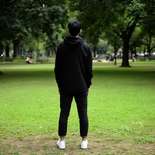 A person standing in a neutral pose in a park, full body vis