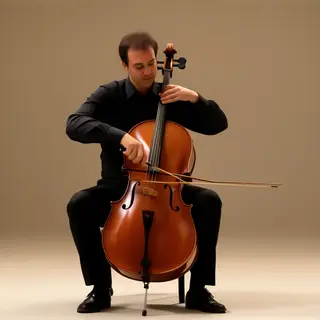A cellist seated with correct posture, legs around the instr