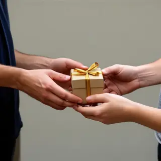 One person handing a small gift box to another person, both 