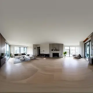 A wide-angle shot of a modern living room interior showing e