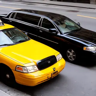A yellow taxi and a black limousine parked next to each othe