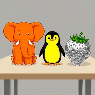 An orange elephant, a yellow penguin, and a silver strawberr