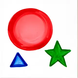 A large red circle, a small blue triangle, and a medium gree