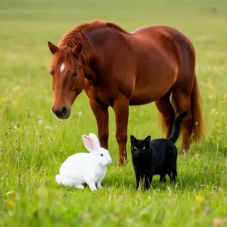 A big brown horse, a small white rabbit, and a medium-sized 