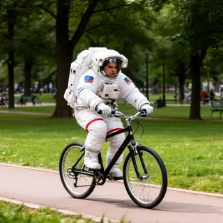 An astronaut in a spacesuit riding a bicycle through a park