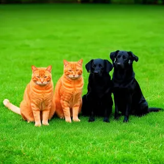2 orange cats and 3 black dogs sitting together on a grassy 