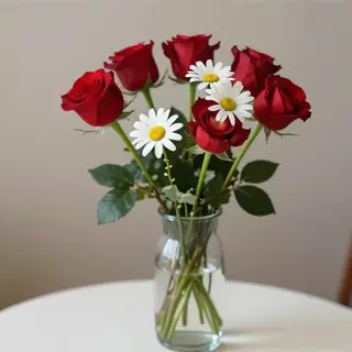 4 red roses and 2 white daisies in a glass vase on a table