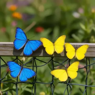 1 blue butterfly and 3 yellow butterflies resting on a garde
