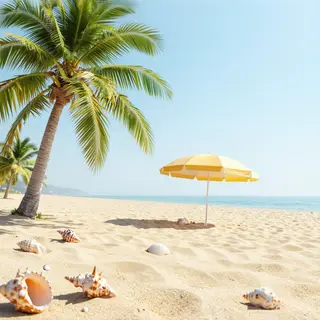 A sandy beach with palm trees, seashells, and a beach umbrel