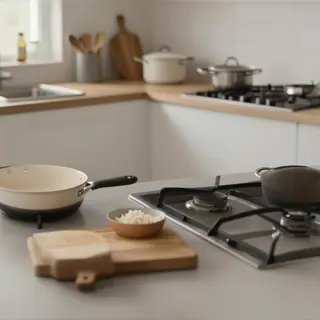 A kitchen with pots, pans, a stove, and a cutting board but 