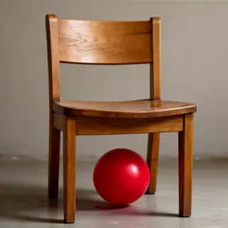 A red ball underneath a wooden chair