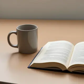 A coffee mug next to an open book on a desk