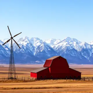 A landscape with a red barn in the foreground at large scale
