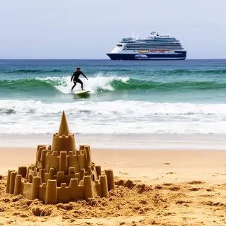 A beach scene with a sandcastle in the foreground, a surfer 