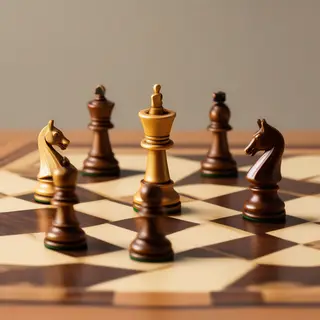 Five chess pieces on a board: a king in the center, a queen 