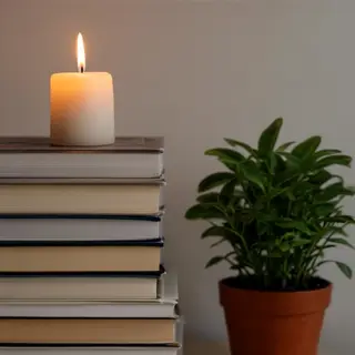 A candle on top of a stack of books, the books next to a pot
