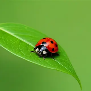 A ladybug sitting on a large green leaf, shown at realistic 