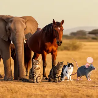A group photo of an elephant, a horse, a dog, a cat, and a m