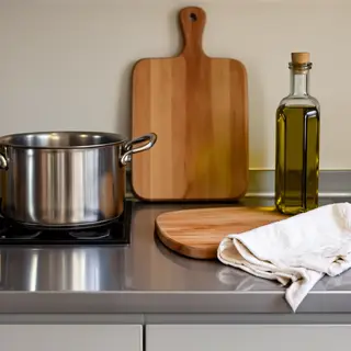 A kitchen counter with a stainless steel pot, a wooden cutti
