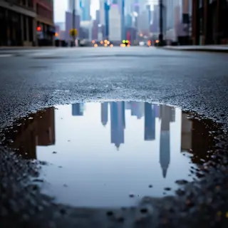 A city skyline reflected in a rain puddle on a street, with 