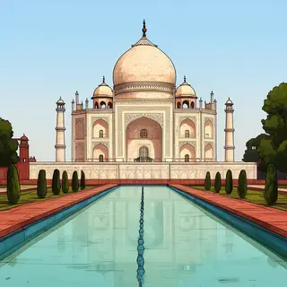 The Taj Mahal in Agra seen from the reflecting pool, with ac